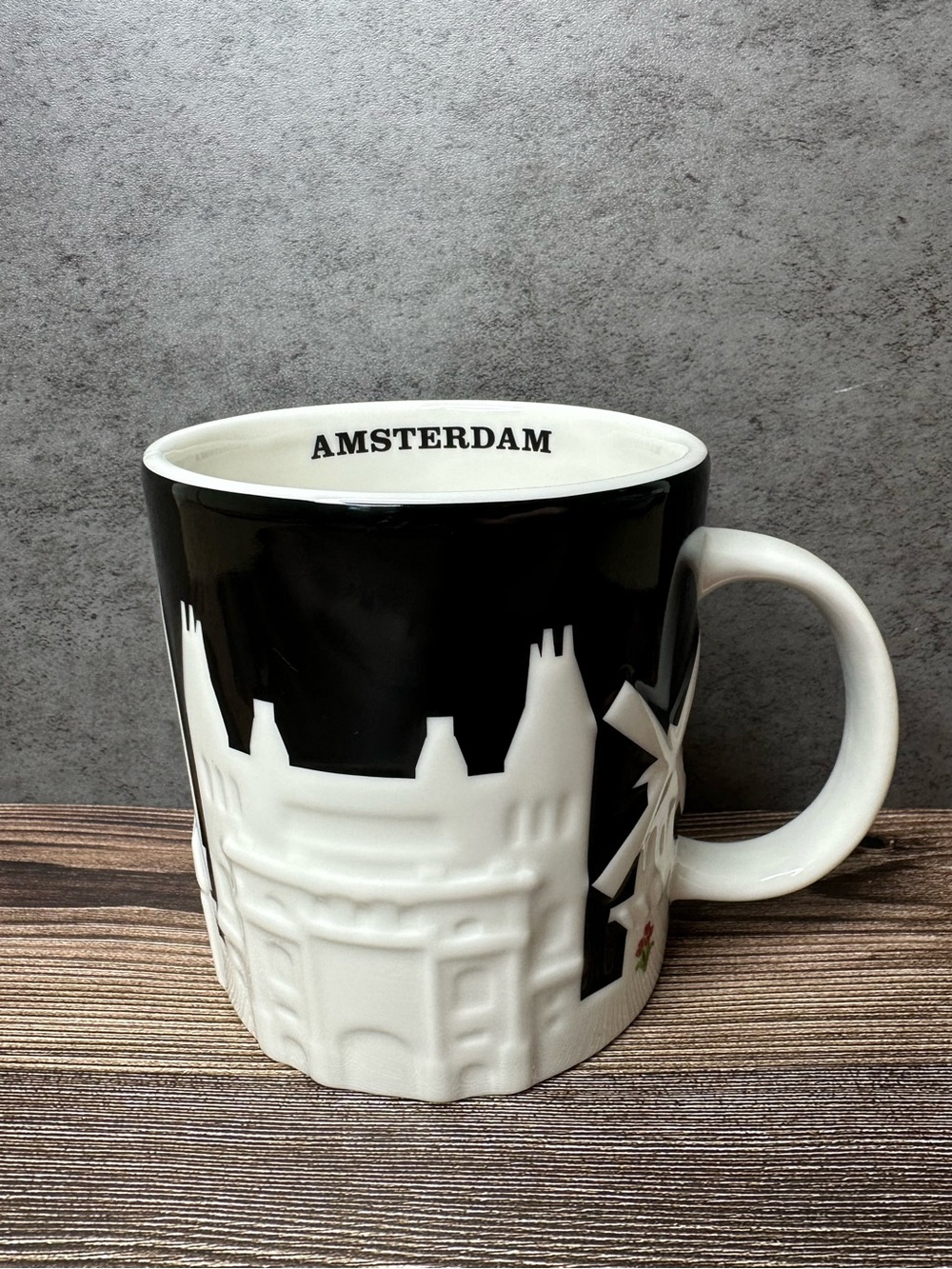 Starbucks Amsterdam Relief Mug – Windmill Canal Scene – Black & White-New